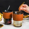 Vinglas 400 ml Glas kaffekopp värmebeständande isolerat värmeläderskydd för mjölköljuice whisky vatten med sugrör