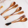 Din sets sets 1Pairs Chopstick Lepels Fork Handmade Japanse natuurlijke houten eetstokjes lepel set met cadeaubonische bamboe drop