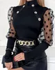 女性用ブラウス気質Tシャツポルカドットメッシュパフスリーブボタン装飾トップ2024夏の最新のモックネックエレガントな汎用性