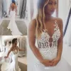 Dresses 2019 New Illusion Bodice Mermaid Wedding Dresses Sheer Neck Lace Appliqued Sweep Train Satin Sexy Backless Wedding Gown