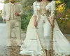 Robes de soirée marocaine Caftan Robes de soirée Ivory Champagne Appliques Cap Long Manche à l'épaule Robe de bal arabe avec pant