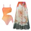 Dames badkleding sexy een schouder dames 2024 stuk hol uit zwempak print ruches monokini badpak strandkleding rok