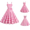 Casual klänningar retro rosa rutiga sommar för kvinnor 2024 puffhylsa sexig axelbandslös cocktail rockabilly swing sweet girls party prom klänning