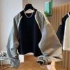 European High-end Large Edition Loose Patchwork Contrasting Raglan Sleeves Hoodie for Women's Spring and Autumn American Short Drawstring Waist Up Top