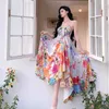 Casual Dresses Holiday Flowy Chiffon Long Cami Dress Women Twist Bandage V-neck Ruffle Bohemian Print Flower Beachwear