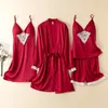 Home Clothing Four Piece Pajamas Set Summer Silk Satin Clothes Sexy Lace Sleepwear Pijamas Suit Elegant Women V-Neck Robe Gown Lingerie