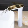 Bathroom Sink Faucets Deck Mount Brass White And Gold Faucet Single Hole Waterfall Black Basin Water Mixer Tap W3046