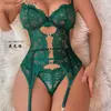 Sexig uppsättning sexig crotchless blå underkläder kvinnor spetsar ihåliga bodysuit erotiska pyjamas neddy babydoll klänning djupt v öppen behå porr underkläder set l2447