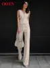 OOTN Black Button Up Tops Suits Summer Sleeveless V Neck Shirt Pleated Long Pants Two Piece Sets Cotton Linen Outfits Women 240407