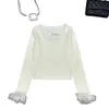 New women o-neck hollow out rhinestone logo patched long sleeve fur cuff knitted desinger sweater tops thin jumpers SML