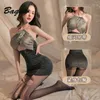 Camique de nuit sexy Robe de soie brillante et exotique Femmes Lingerie Halter Voir à travers le secrétaire Uniforme Seduction Pantyhose Adult 240401