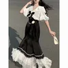Party Dresses Japanese 2000s Style Y2k Soft Girl White Cape Black Patchworked Ruffle Dress Two Piece Set Woman 2024