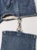 Damesjeans Gymamamazes Patchwork Chain Denim Trouser For Women High Taille Splited Pocket Streetwear Slimming Flare Pants vrouwelijke mode