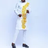Kaftan Herren Kaunda Anzug weiß gestickte Langarm -Top -Hosen Sets afrikanische Hochzeits -Outfits Herrenanzüge Kleidung 240328