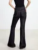 Kvinnors jeans bpn solid minimalistisk skarvad ficka för kvinnor högt midja lapptäcke slant denim flare byxor kvinnliga stilkläder
