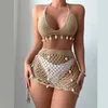 Moda de banho feminina 2 peças de sinistro de crochê feminino Suspenseiro de biquíni de biquíni e esqui de praia de alta cintura Hollo