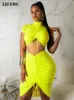 Neon Green Yellow Sexy Two Piece Set Women Turtleneck Short Sleeve Crop Top Pleated Bodycon Dress Tracksuit 2 Club Outfit 240407