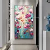 Fiori colorati al 100% dipinto ad olio fatto a mano su tela blu dipinto di fiori di arte della parete dipinto di paesaggio floreale per decorazioni per la casa