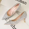 Style Fashion Sexy Nightclub Slim Thin Heel High Banquet Shallow Mouth Pointed Shining Sequin Single Shoes