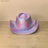 Breda brimhattar Bucket Laser Rainbow Cowgirl Hat Hot Stamped Jazz Fedora Bright Hip Hop Party Rave Cowboy Y2K YQ240407