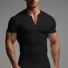 남성 스레드 티셔츠 여름 달리기 스포츠 피트니스 옷 근육 슬림 한 핏 짧은 슬리브 티셔츠 v- 넥 칼라 캐주얼 탑 240329
