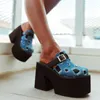 Spring/Summer Slippers for Women Wearing Thick Soled Heels Belt Buckles Blue Denim Cloth Broken Holes Big Head Thick Sole Cake High Platform Shoes