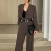 Office Lady Blazer Suits Vintage اثنتين مجموعة من النساء الأكمام الطويلة قصيرة الخصر على الساق واسعة الساق 2 ملابس 240326