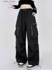 Women's Jeans Zoki Harajuku Big Pockets Cargo Pants Women Retro Loose Strtwear Y2K Trousers Casual High Waist Bf Spring Grey Wide Leg Pants Y240408