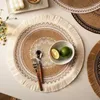 Tavolino rotondo placemat da 15 pollici fattoria intrecciata intrecciata con frangia con i mazze da pompon tappetino per sala da pranzo in sala da pranzo