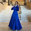 Party Dresses Aleeshuo Saudi Arabia Blue Long Sleeves Vestidos De Noche Pleated Satin Sexy V-Neck Beading Simple A-line Backless Prom Dress