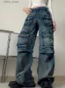 Kvinnors jeans 2023 trashy y2k strtwear multi fickor tvättade blå baggy last jeans byxor för kvinnor kläder bred ben kvinnliga denim byxor y240408