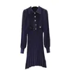 French Style s Family Spring Clothing Fashionable Temperament Lapel Lantern Sleeve Pleated Knitted Dress for Women