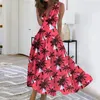 Casual Dresses Women's Hawaiian Floral Print Long kjol med V-ringning och ärmlös fashionabla strandkoreanska recensioner många kläder