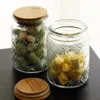 Bouteilles de rangement pot en verre transparent rétro à thé en relief en relief bonbon scellé avec du couvercle de couvercle en bois de bambou