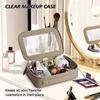 Travel Saffiano Leather Makeup Case Tophandgreep Toiletietas Clear PVC Transparante gouden ritsopslag Cosmetische organizer 240329