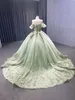 Light Green Lace Appliques Sweetheart Ball Gown Quinceanera Dresses Off Shoulder Sleeves Beading Pearls Appliques 3D Flowers Prom Evening Party Birthday Gowns