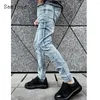 Heren jeans 2024 lente patchwork demin broek heren casual standaard pocket broek broek mannen mode slanke gepast gat gescheurde joggingbroeken