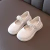 Sneakers 2022 Spring New Girls Leather Shoes Kids Fashion Cute Pearls Rhinestone Princess Shoes Children's Anti Slip Flat Shoes G590
