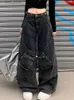 Women's Jeans Ropa Y2K 2000S Washed Dark Blue Baggy Cargo Jeans Pants For Women Goth Clothes Straight Wide Leg Hip Hop Lady Old Denim Trousers Y240408