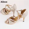 shoes Women Ballroom Dance Shoes Gold Glitter Latin Salsa Tango Swing Rumba Waltz Peeptoe Dancing Sandals Multiple Heel Height ALS004