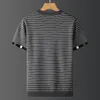 Camisetas masculinas bordadas listradas bordados curtos suéter masculino primavera e outono malha de suéter de linha