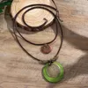 Pendanthalsband Salircon Vintage Round Chip Trähänge Halsband Boho Leather Wax Line Multi Metal Ring Necklace Womens Summer Beach Jewelry240408