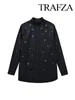 Women's Blouses TRAFZA Autumn Black Casual Shirt Fashion Jewelry Embellished Long Sleeve Loose Oversized Top