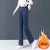 Jeans femininos quentes de grossa cintura alta reta Adicionar veludo de inverno no tornozelo calças largas de perna larga para mulheres coreanas vintage solto calça casual