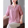 Women's Blouses Summer Ethnic Style Embroidery Casual Fashion Blouse Femme Short Sleeve Literary Vintage Cotton Linen Shirt Women Oversized