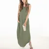 Casual Dresses Simple Comfortable Solid Color Dress Women Summer Loose Round Neck Sleeveless Vintage Fashion Pockets Long