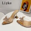 Slippers Liyke Fashion Women PVC Rhinestone For Transparent Bowknot Summer Sandals Pointed Toe Clear High Heels Party Prom Shoes 240322 331