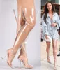 Kim Kardashian clear PVC先の尖ったつま先透明な太もものブーツ滑走路夏靴女性プラスサイズクリスタルパースペックスブロックヒール1022336