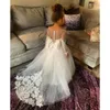 BABYONLINE Long Sleeve White Ivory Flower Girl Dresses for Wedding Guest Child Kids Bridesmaid Lace Floral Tulle Skirt Ball Gown