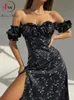 Slash Neck Floral Print Split Beach Dress Women Summer Elegant Ruffles Party Long Dress Vestidos S ~ 3XL 240325